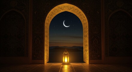 Fototapeta premium AI image Ornate archway revealing desert, crescent moon, stars, and glowing lantern, evoking Ramadan's serene and spiritual atmosphere.