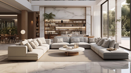 Fototapeta premium Modern Luxury Living Room Interior Design Beige Sectional Sofa Marble Wall Bookshelves