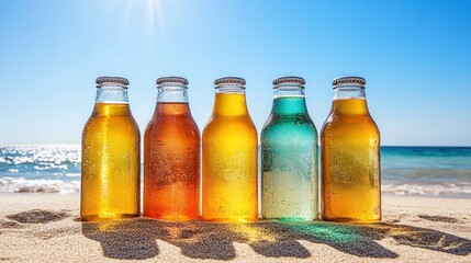 Colorful drinks lined on sandy beach, ocean, blue sky, sunny day; vacation vibes