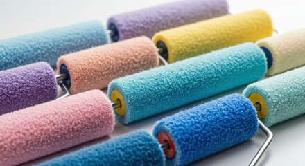 Colorful paint rollers close up
