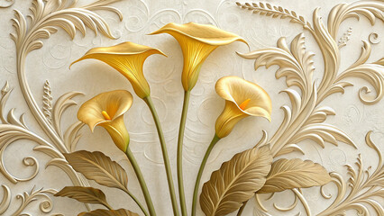 A beautiful, detailed image of golden calla lilies and leaves arranged on a light beige background.
