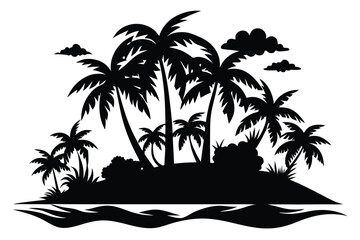 Silhouette island view shows swaying palm trees and clouds reflecting on calm water