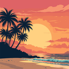 Tropical Sunset Silhouette: Palm Trees on a Sandy Beach