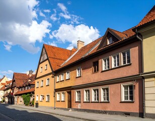 Obraz premium Charming old town street with colorful buildings, cobblestone road, and blue sky. Perfect for travel, tourism, and architecture projects.
