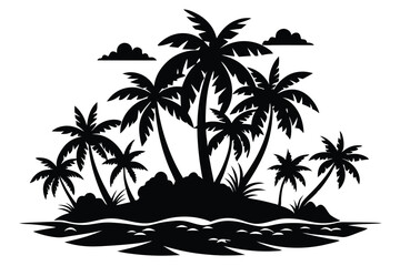 Black silhouette reveals tropical island with palm trees and gentle waves under clouds