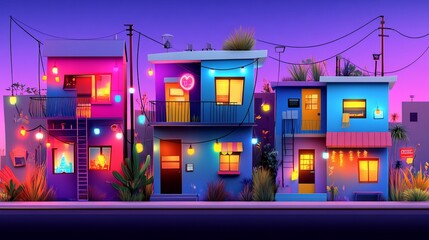 Obraz premium Colorful houses with lights against a purple and orange sunset sky