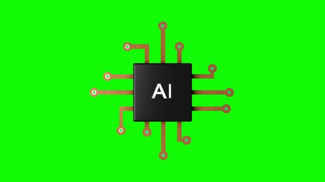 3D computer chipset and glowing AI text on green screen background.