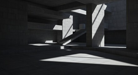 Concrete structure interior with stairs and sunlight