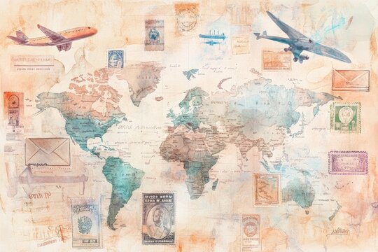 Vintage world map adorned with travel elements.  Watercolor style, textured, with stamps, letters, and planes