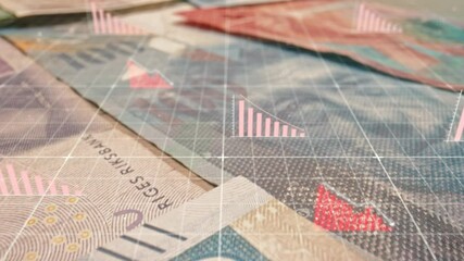Stacked banknotes lying on surface while red declining bar graphs floating above. Digital financial data overlaying currency, representing economic downturn. Inflation and market instability concerns.