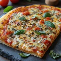 Delicious Pizza Slice with Fresh Basil and Tomato