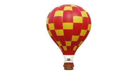 Naklejka premium Colorful checkerboard hot air balloon soaring against a bright white background for flight concept