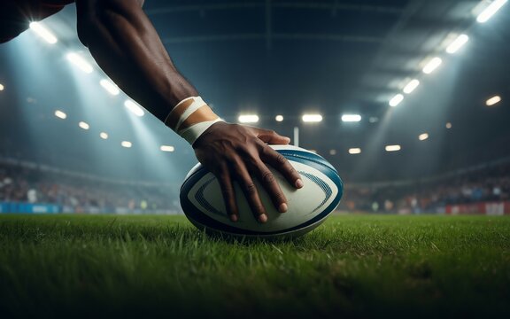 Rugby players hand on ball during a match in the stadium.
