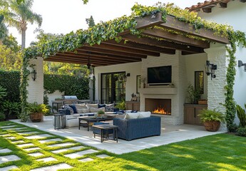 Obraz premium Outdoor patio with fireplace, seating, and pergola; sunny backyard