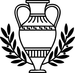 Ancient Greek Amphora with Laurel Wreath: Black and White Illustration