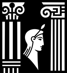 Classical Woman Profile with Columns: Black and White Ancient Art