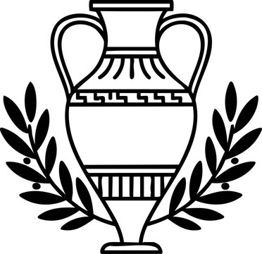 Ancient Greek Amphora with Laurel Wreath: Black and White Illustration