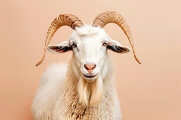 Fototapeta premium Close-Up Portrait of a White Goat with Large Spiraled Horns