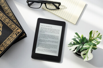 E-book reader device in home library