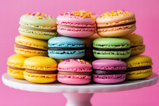 Assorted colorful macarons on pink background