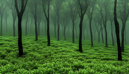 Obraz premium Misty Forest Scene with Lush Green Undergrowth