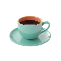 A teal coffee cup filled with dark coffee sits on a matching saucer a simple breakfast drink