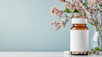 This serene image features a medicine bottle elegantly surrounded by soft flowers, highlighting themes of health, wellness, and the beauty of natural remedies.