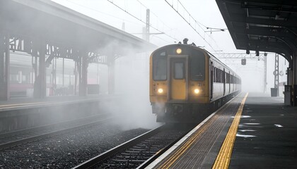 Naklejka premium Foggy morning at the train station. A yellow train arrives, steam rising from the tracks. A moody, atmospheric scene.