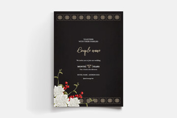 WEDDING INVITATION FRAME WITH FLOWER DECORATIONS AND FRESH LEAVES