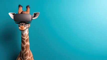 A whimsical image of a giraffe sporting virtual reality goggles, set against a bright turquoise background, blending humor and modern technology in a playful manner.