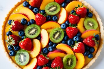 fresh fruit tart, white background, assortment of colorful fruits, juicy red strawberries, plump blueberries, green kiwi slices, yellow peach wedges, harmonious pattern, freshly sliced