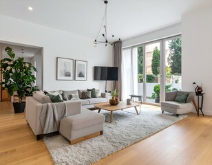 Fototapeta premium Modern living room interior design. Light grey sofa, wooden floor, large windows, and plants. Cozy and stylish home decor.