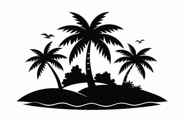 Black silhouette shows palm trees and birds floating above a tropical island shoreline