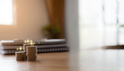 Stacked Coins with Sparkling Effects on a Table in a Well-Lit Room for Financial Growth Theme