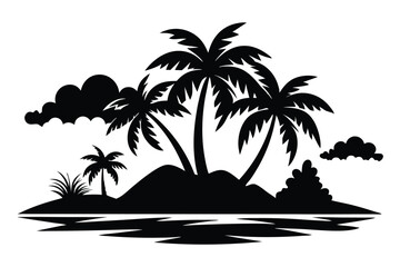 Silhouette island features lush palm trees, low clouds, and water ripples in monochromatic view
