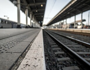 Train tracks vanishing point perspective, railway platform edge, low angle view, detailed texture.
