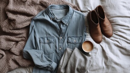 Casual outfit laid out on bed with coffee cup  