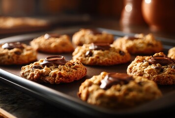 Freshly Baked Cookies on a Baking Tray with Chocolate Drizzle in Warm Kitchen Atmosphere Ideal for Food Lovers and Dessert Enthusiasts