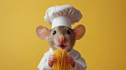 A cute mouse dressed as a chef joyfully holds a bundle of spaghetti, set against a bright yellow background, combining culinary creativity and whimsical charm.