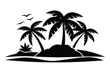 Birds fly above the silhouette of palm trees on a peaceful tropical island