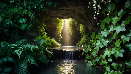 Natural Light at Cave Opening with Waterfall and Greenery