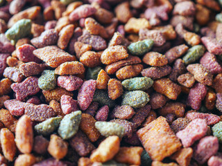 Cat pellet food, close-up of dry cat food mix, Pet Food Texture