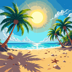 Idyllic Tropical Beach Scene: Sunny Day, Palm Trees, and Starfish