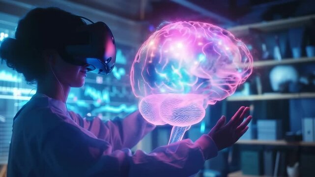 A person wearing a VR headset interacts with a glowing, holographic brain, exploring concepts of neuroscience and virtual reality.