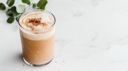 A refreshing glass of iced coffee topped with creamy foam and a sprinkle of spices, presented against a minimalist background, perfect for summer indulgence or relaxation.