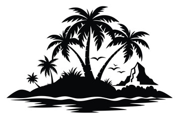 Palm trees populate a serene tropical island with ocean waves and birds flying around it