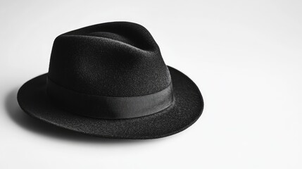 Sleek black fedora hat resting on a plain surface.