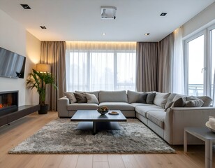 Fototapeta premium Modern living room interior design with gray sectional sofa, large windows, and a cozy fireplace.
