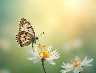 In a tranquil garden, a delicate butterfly finds a moment of rest perched gracefully on a pristine white flower, all while bathed in the gentle glow of the soft morning light that envelops the scene