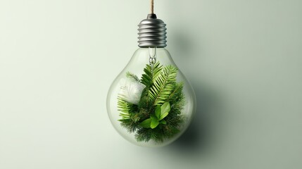 A light bulb filled with greenery and plants symbolizes the connection between nature and sustainability, showcasing a unique blend of creativity and eco-consciousness.